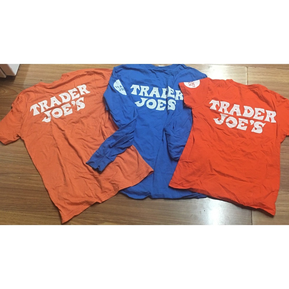 Lot of 3 Trader Joe's Employee Crew T Shirts Blue Long Sleeve(M) 2 Oranges (Sm)